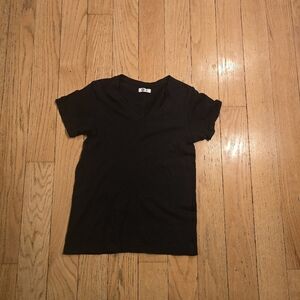 American Giant Made In USA Cotton Slub V Neck Minimalist Women's T Shirt Black M